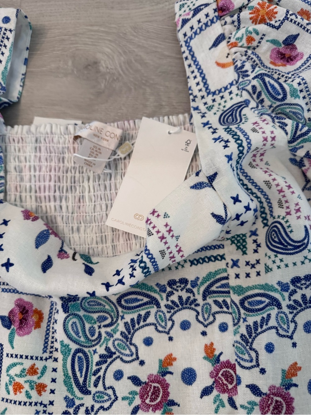 Caroline Constas Cream Patchwork Romper with Blue Accents and beaded belt - Picture 5 of 6